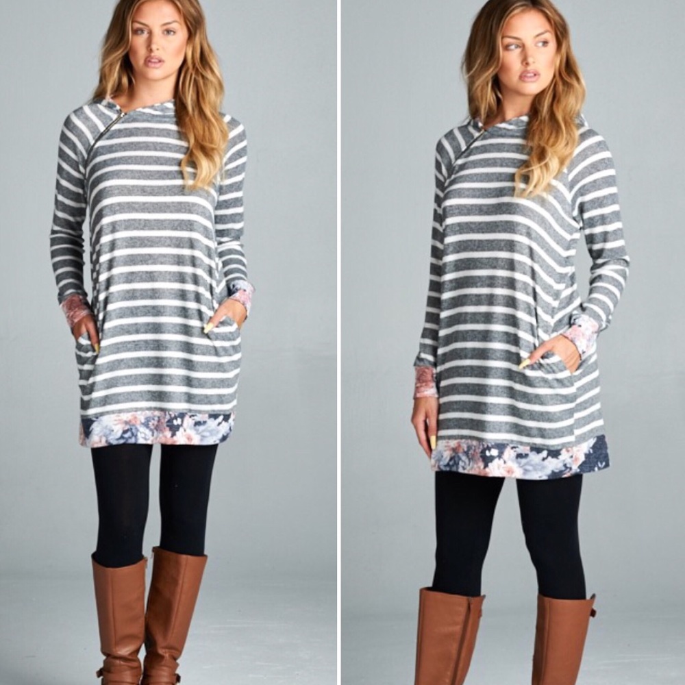 Last 1 SMALL Striped Hoodie w/ floral contrast - Picture 3 of 8